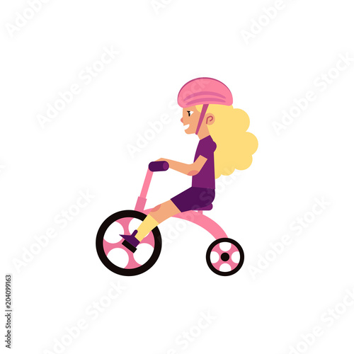 Little girl riding tricycle - cute female child wears safety helmet and rides pink bicycle isolated on white background. Cartoon vector illustration active child leisure for summertime.