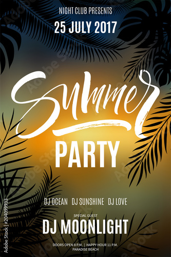 Summer Party flyer in sunset colors with exotic tropical leaves design. Modern calligraphy, hand lettering. Vector illustration