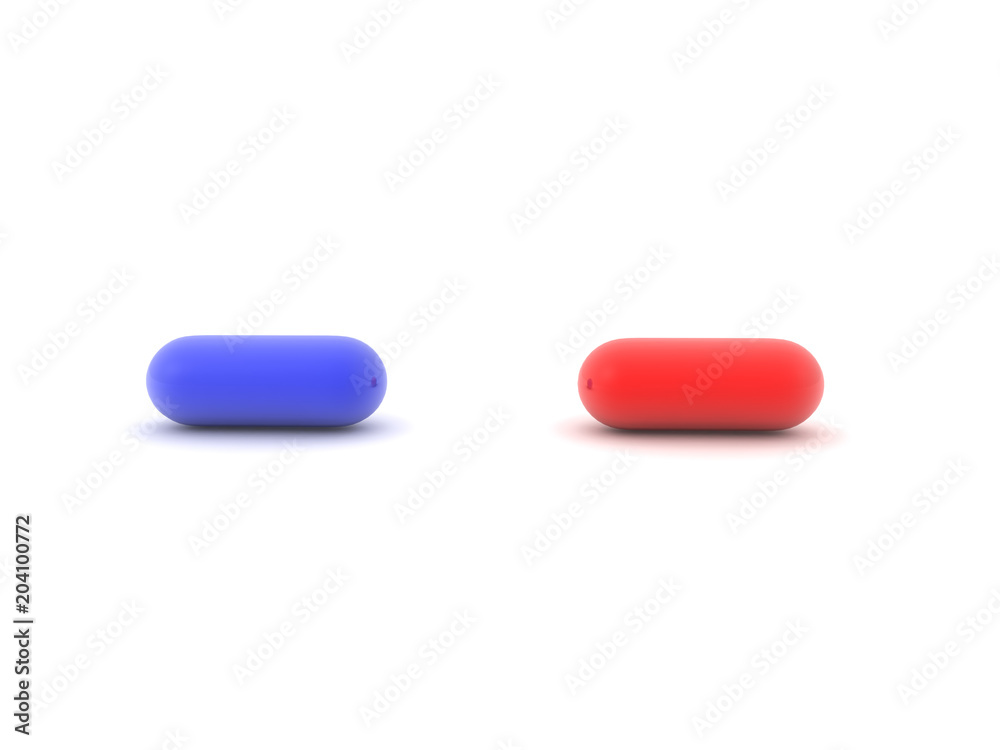 3D illustration of blue and red pill 3D illustration of blue and red pill