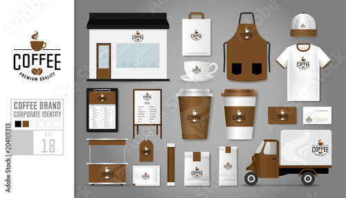Corporate identity template Set 18. Logo concept for coffee shop, cafe, restaurant. Realistic mock up template set of store, car, t-shirt, apron, cap, cup, menu, package, name card, kiosk, tag.
