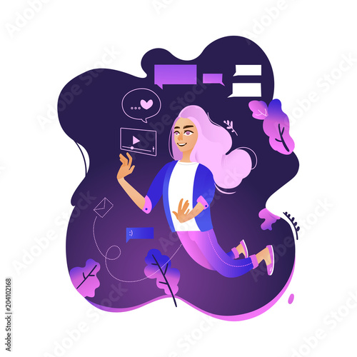 Chatting girl concept - young woman flies in weightlessness surrounded by digital chat elements and message bubbles isolated on white background. Cartoon vector illustration.