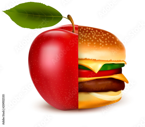 Concept of dieting. Healthy and unhealthy food choice. Vector