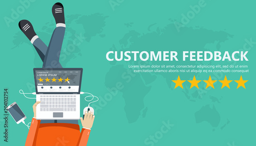 Rating on customer service illustration. Man sitting on the floor and holding tablet in his lap. Website rating feedback and review concept. Flat vector illustration
