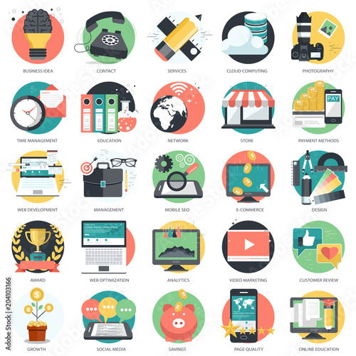 Business, technology and finances icon set for websites and mobile applications and services. Flat vector illustration