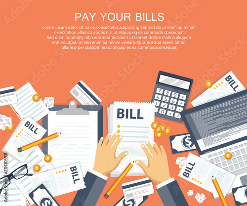 Bill payment design in flat style. Paying bills concept. Office desk with bills and office equipment. Flat vector illustration