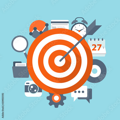 Goal Setting vector concept. Flat illustration of targeting and management with icons. 