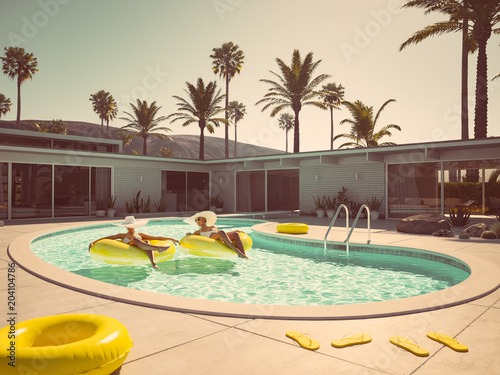 women swimming on float in a pool. 3d rendering