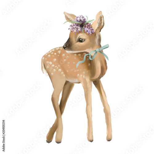 Cute deer, hand painted deer oil textured baby deer with floral wreath, flowers bouquet and tied bow