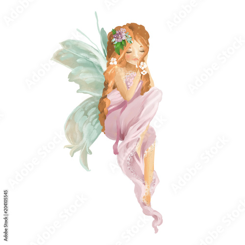 Beautiful hand painted oil fairy with floral bouquet, flowers wreath isolated on white