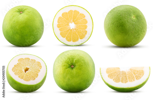 Collection sweetie citrus fruit, whole, cut in half, slice