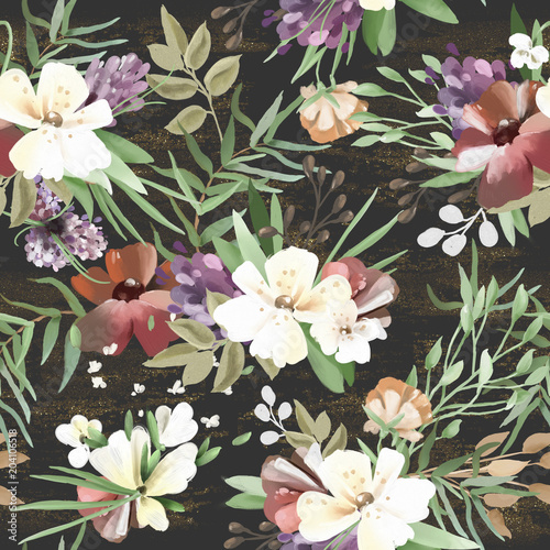 Beautiful  vintage  hand painted oil textured forest  woodland wild flowers  floral seamless pattern with golden glitter  grunge texture on dark background