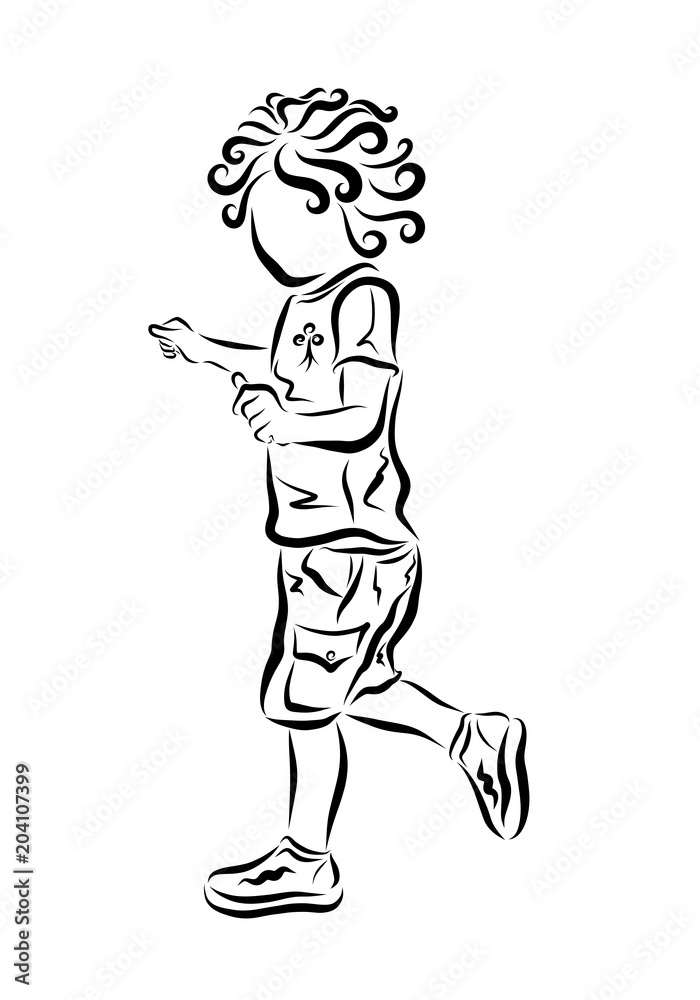 Running curly child, cheerful sport