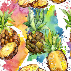 Papier peint photo Fruits aquarelle patrons Ananas exotiques aquarelle motif tropical  © yanushkov