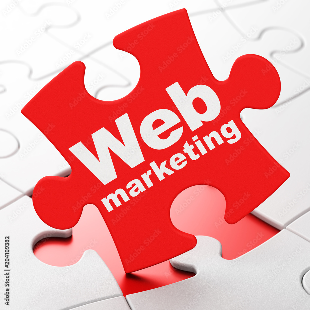 Web design concept: Web Marketing on Red puzzle pieces background, 3D rendering Web design concept: Web Marketing on Red puzzle pieces background, 3D rendering