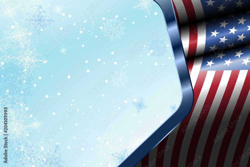 Fototapeta premium Illustration of wide holiday gradient light blue background with waving flag, snowflakes and metal frame with american flag.