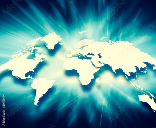World map on a technological background  glowing lines symbols o