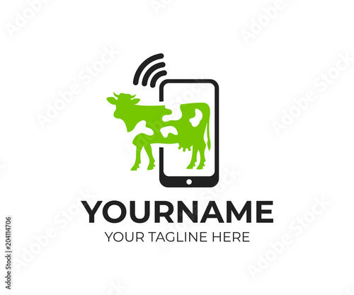 Smart cows farm, smartphone with Wi-Fi and cow, logo template. Animal and pet, wireless technology in agriculture, vector design. Innovation technologies in livestock farming, illustration