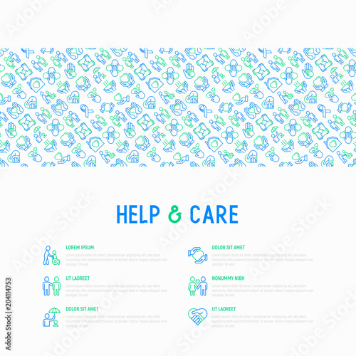 Help and care concept with thin line icons: symbols of support, help for children and disabled, togetherness, philanthropy and donation. Modern vector illustration, template for print media.
