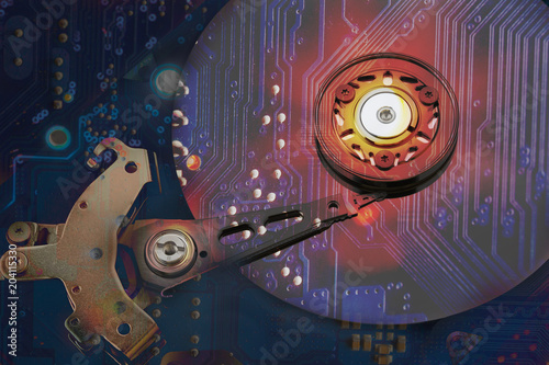 collage, the imposition of the hard drive and the motherboard, close up, toned, collage, abstraction