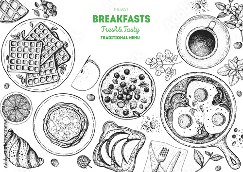 Breakfast top view frame. Morning food menu design. Breakfast dishes collection. Vintage hand drawn sketch, vector illustration. Engraved style.