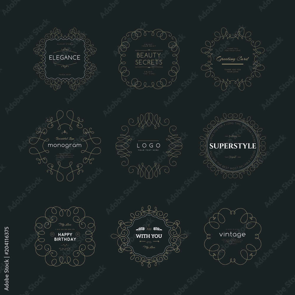 Set of luxury monogram logo templates. Elegant design for business sign, restaurant, wedding shop, jewelry, fashion, product design, brand sign. Vector illustration.