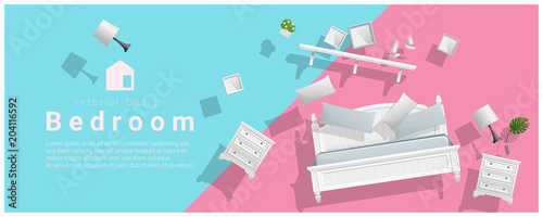 Horizontal interior banner sale with bedroom furniture hovering on colorful background , vector , illustration