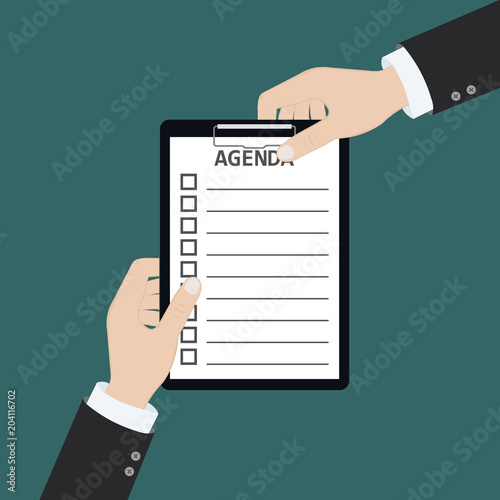 Vector modern flat illustration on hands holding clipboard with empty sheet of paper and pencil | Clipboard with blank paper and pencil in the hands of a man
