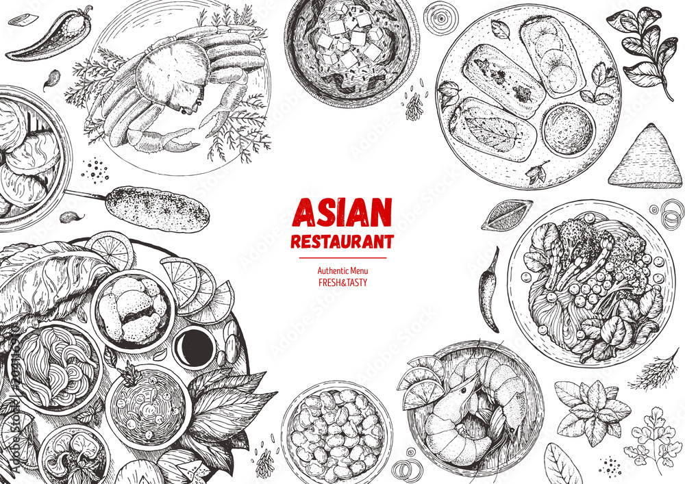 Asian cuisine collection. Hand drawn vector illustration. Food menu design template, engraved elements. Sketch illustration.