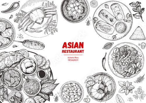 Asian cuisine collection. Hand drawn vector illustration. Food menu design template, engraved elements. Sketch illustration.