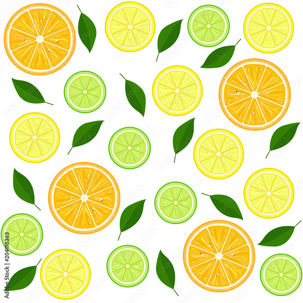 Seamless pattern with citrus fruits. Vector lemon, orange, lime with leafs. Hand drawn illustration.