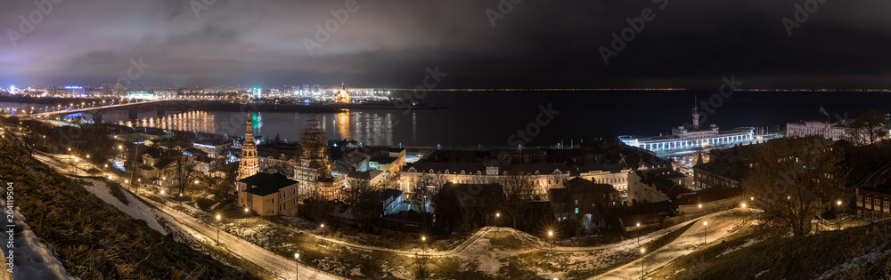 Night view of Nizhny Novgorod with Kanavinsky bridge and Alexander Nevsky Cathedral