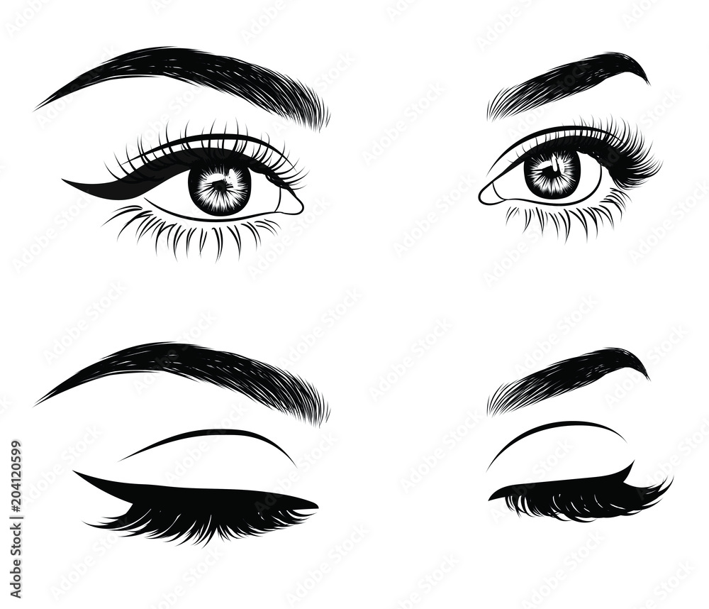 Illustration of woman's sexy luxurious eye with perfectly shaped eyebrows and full lashes. Hand-drawn Idea for business visit card, typography vector. Perfect salon look.