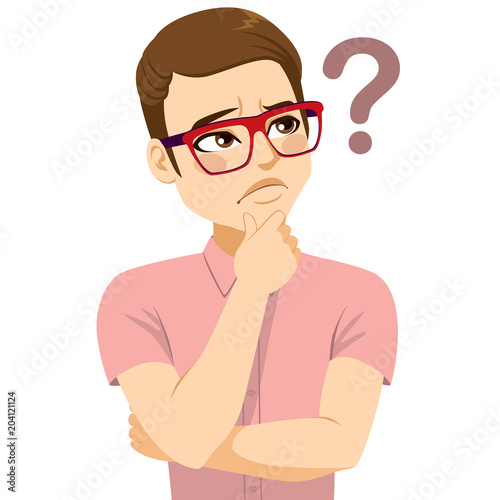 Young man with glasses thinking looking suspiciously doubting question mark