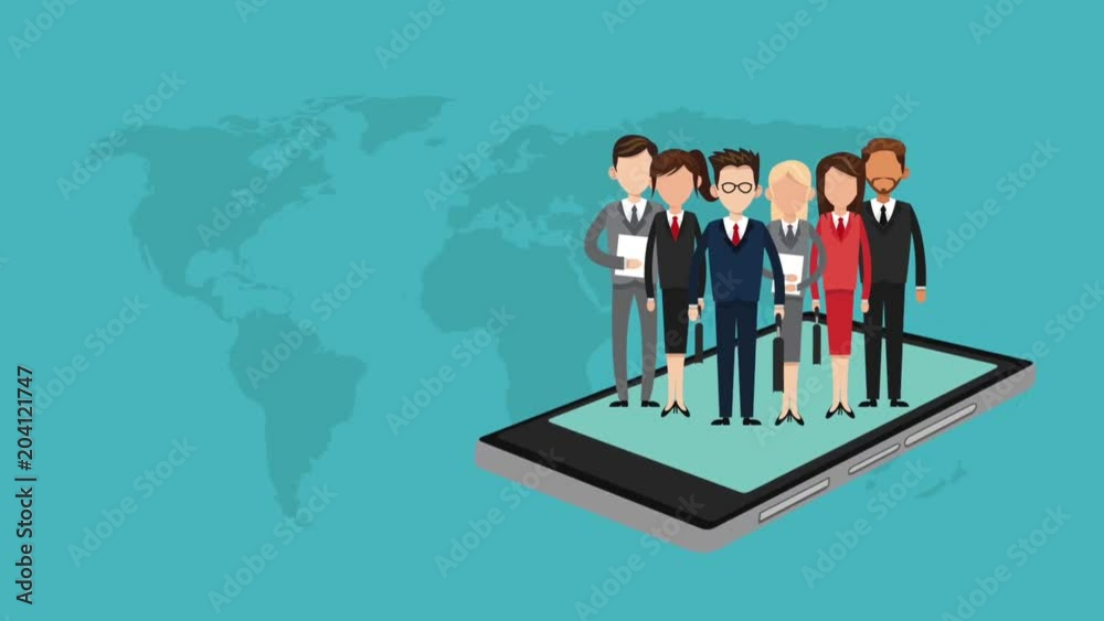 Business people around the world on smartphone High Definition animation colorful scenes