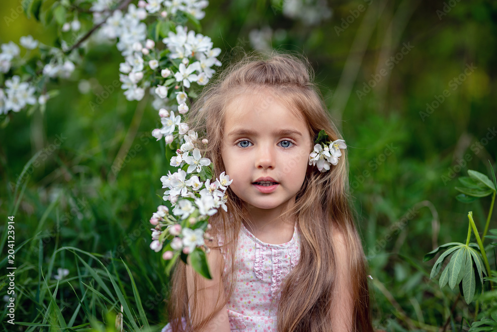 Beautiful girl in blooming apple tree garden enjoy warm spring day Beautiful girl in blooming apple tree garden enjoy warm spring day