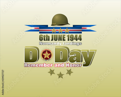 Holiday design, background with 3d texts, army helmet, military medal and national flag colors for D-Day American event, celebration; Vector illustration
