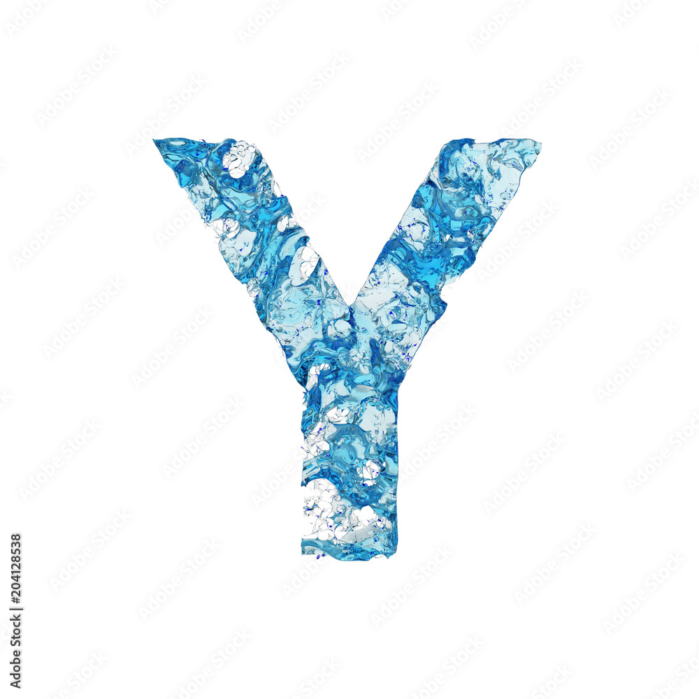Alphabet letter Y uppercase. Liquid font made of blue transparent water. 3D render isolated on white background.