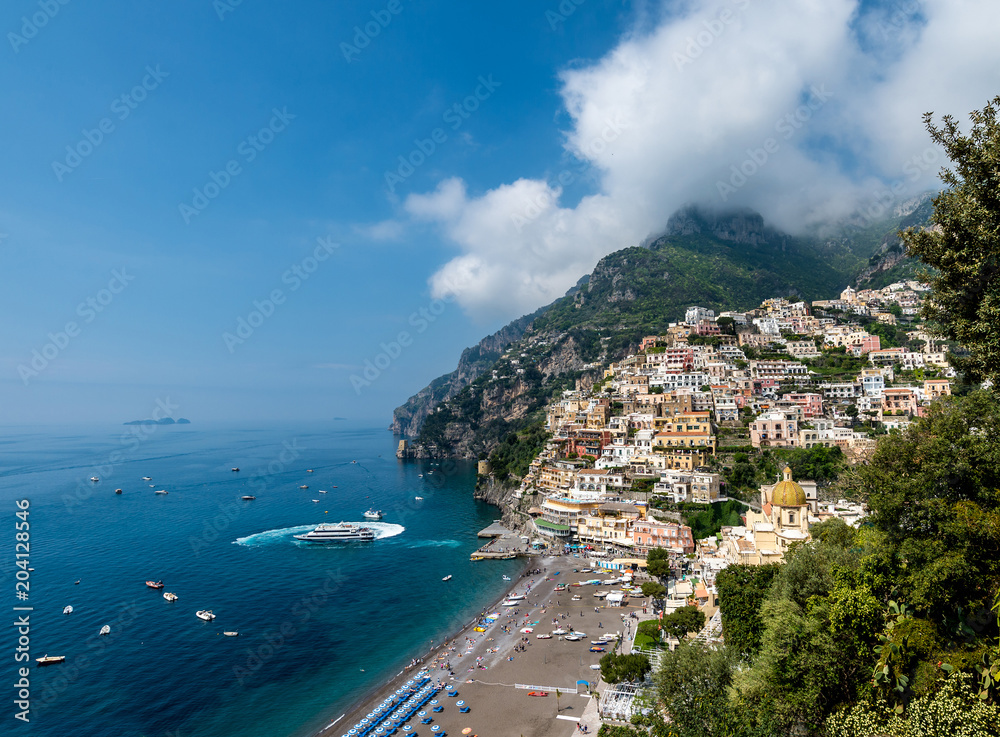 Panoramic view of the town of Positano at  Amalfi Coast, Italy.