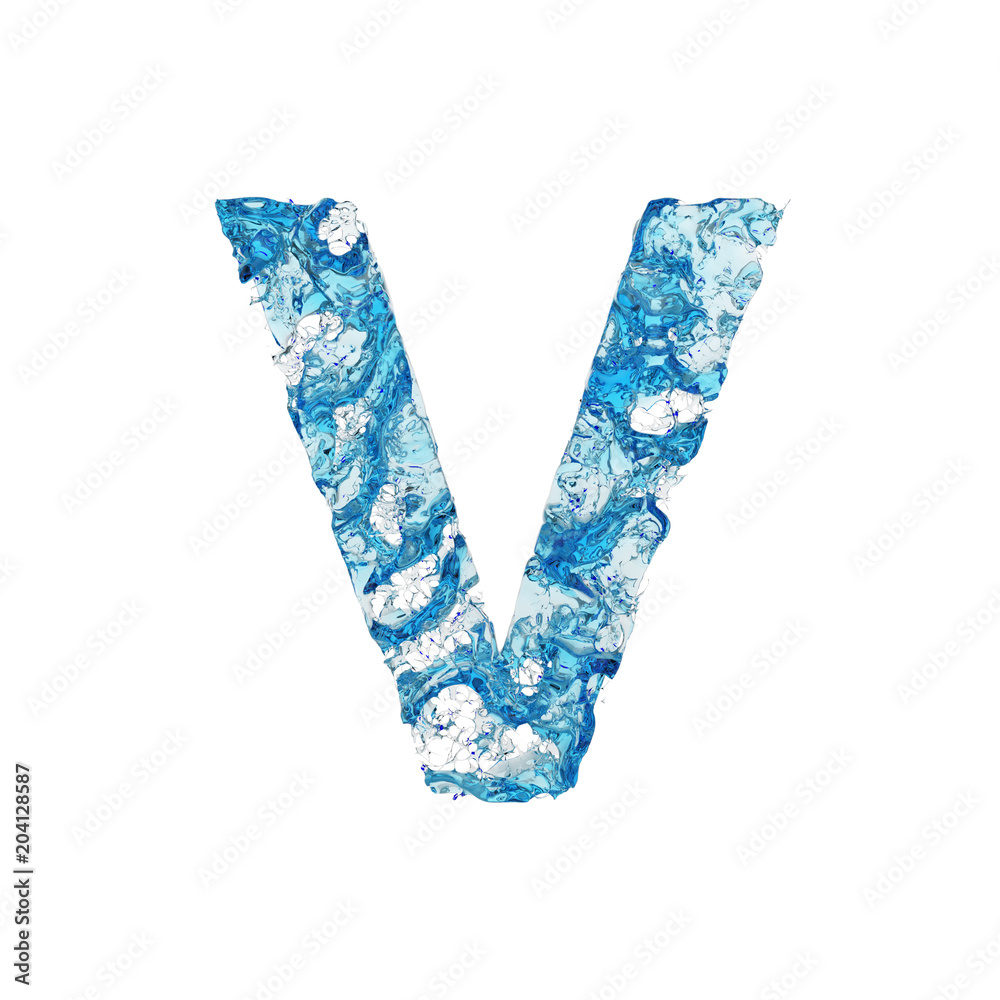 Alphabet letter V uppercase. Liquid font made of blue transparent water. 3D render isolated on white background.