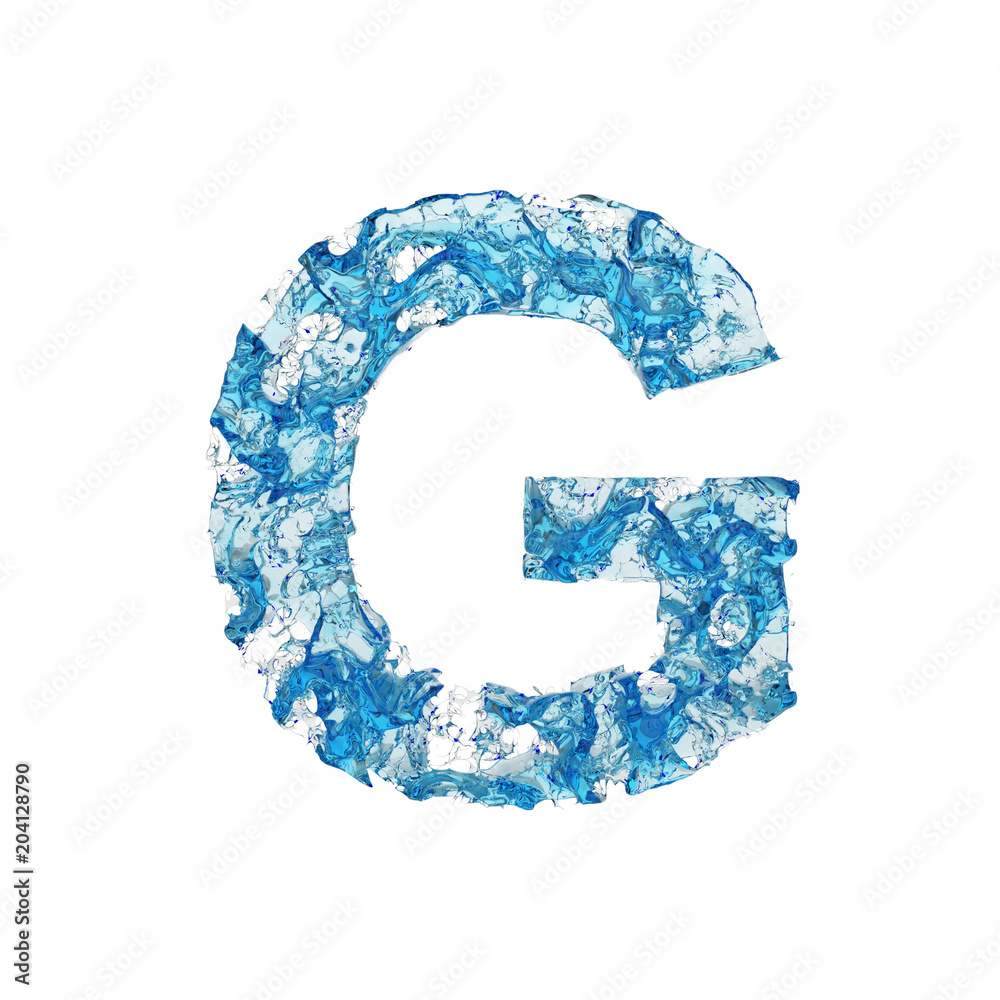Alphabet letter G uppercase. Liquid font made of blue transparent water. 3D render isolated on white background. Alphabet letter G uppercase. Liquid font made of blue transparent water. 3D render isolated on white background.
