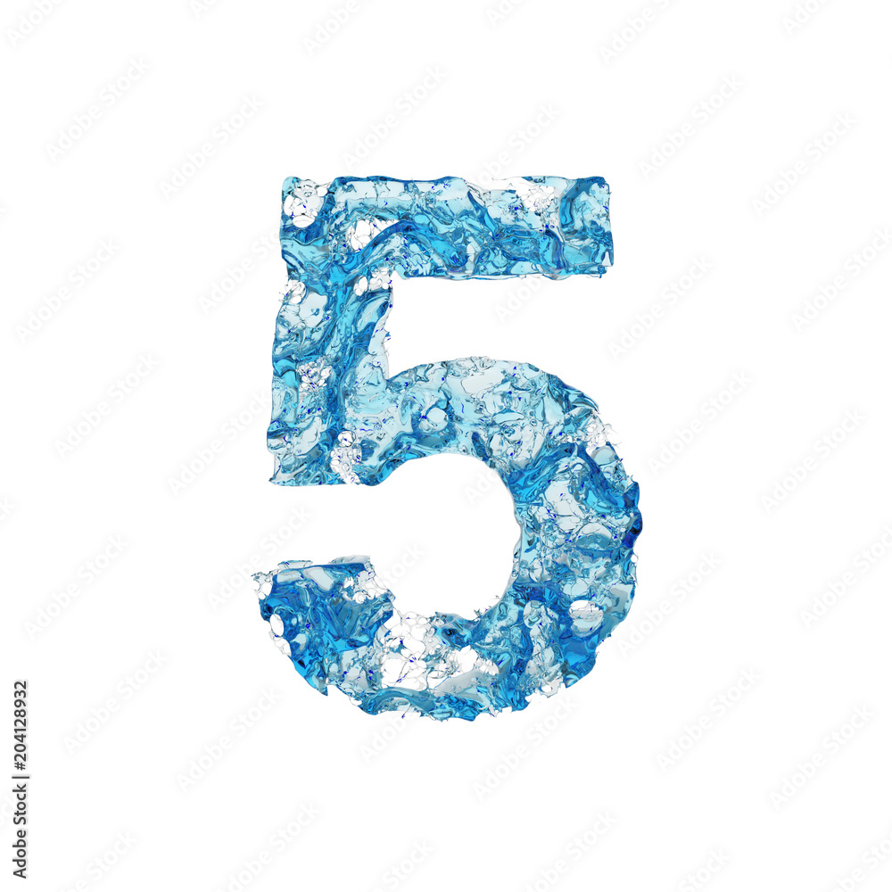 Alphabet number 5. Liquid font made of blue transparent water. 3D render isolated on white background. Alphabet number 5. Liquid font made of blue transparent water. 3D render isolated on white background.