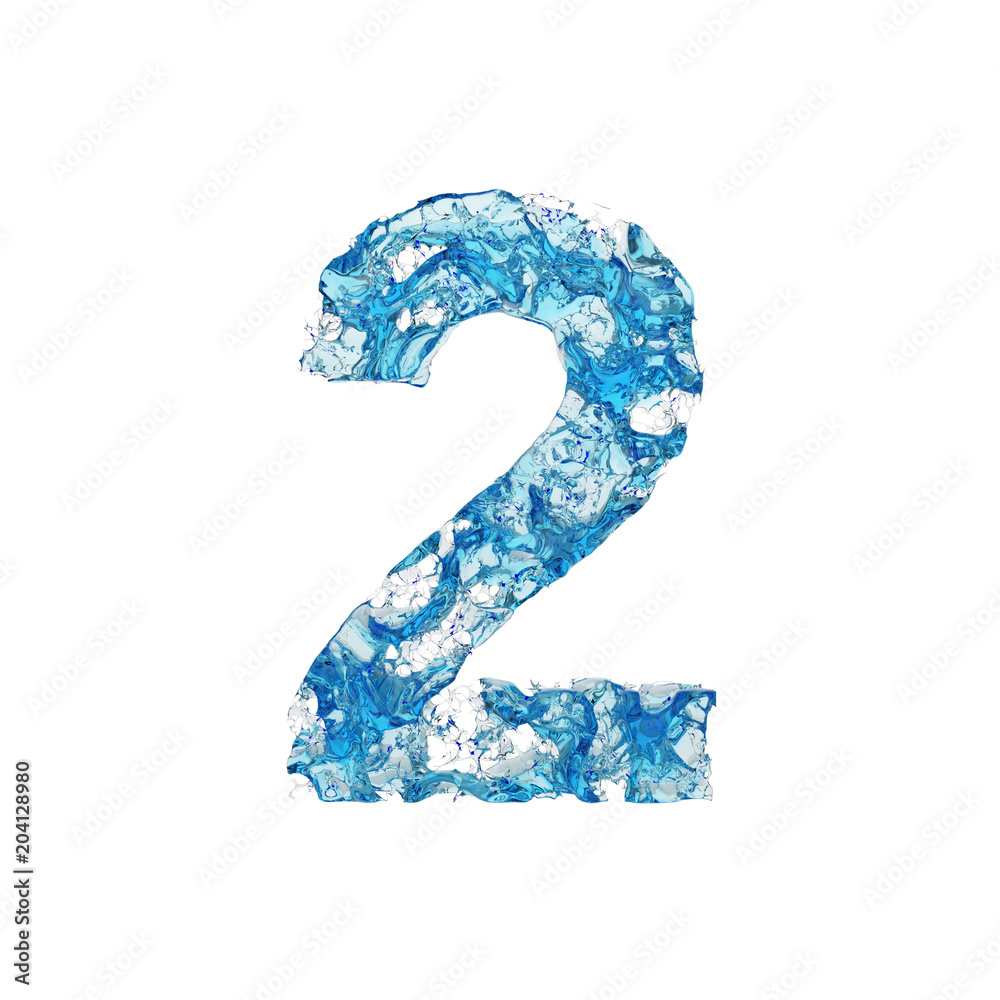 Alphabet number 2. Liquid font made of blue transparent water. 3D render isolated on white background. Alphabet number 2. Liquid font made of blue transparent water. 3D render isolated on white background.