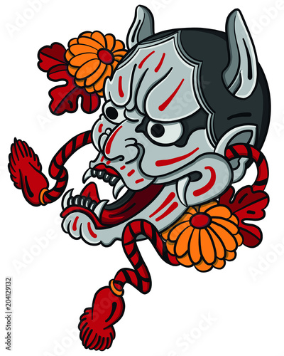 hand drawn Oni mask with cherry blossom and peony flower.Japanese demon mask on wave and sakura flower tattoo.
