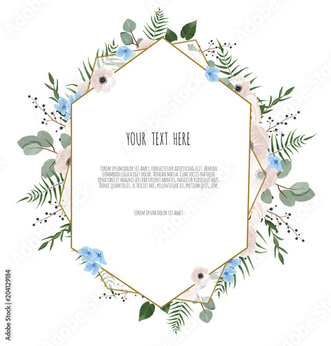 Vector floral design card. Greeting, postcard wedding invite template. Elegant frame with rose and anemone
