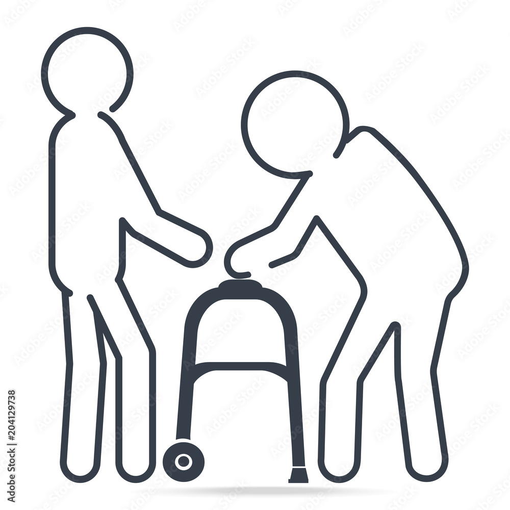Fototapeta premium Man helps elderly man patient with a walker, simple line icon illustration