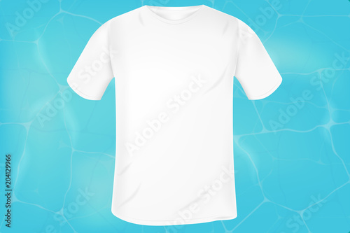 vector blank white men's t-shirt template on blue water surface background. mocap for clothing design