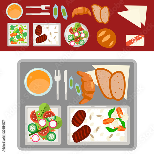 Airplane meal on tray vector illustration.