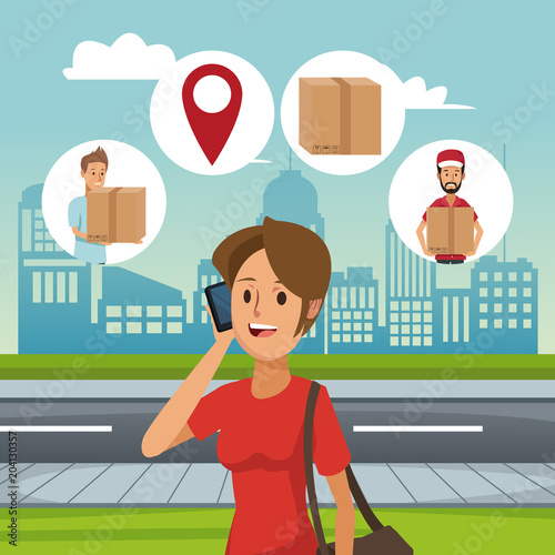 Woman talking with delivery service vector illustration graphic design