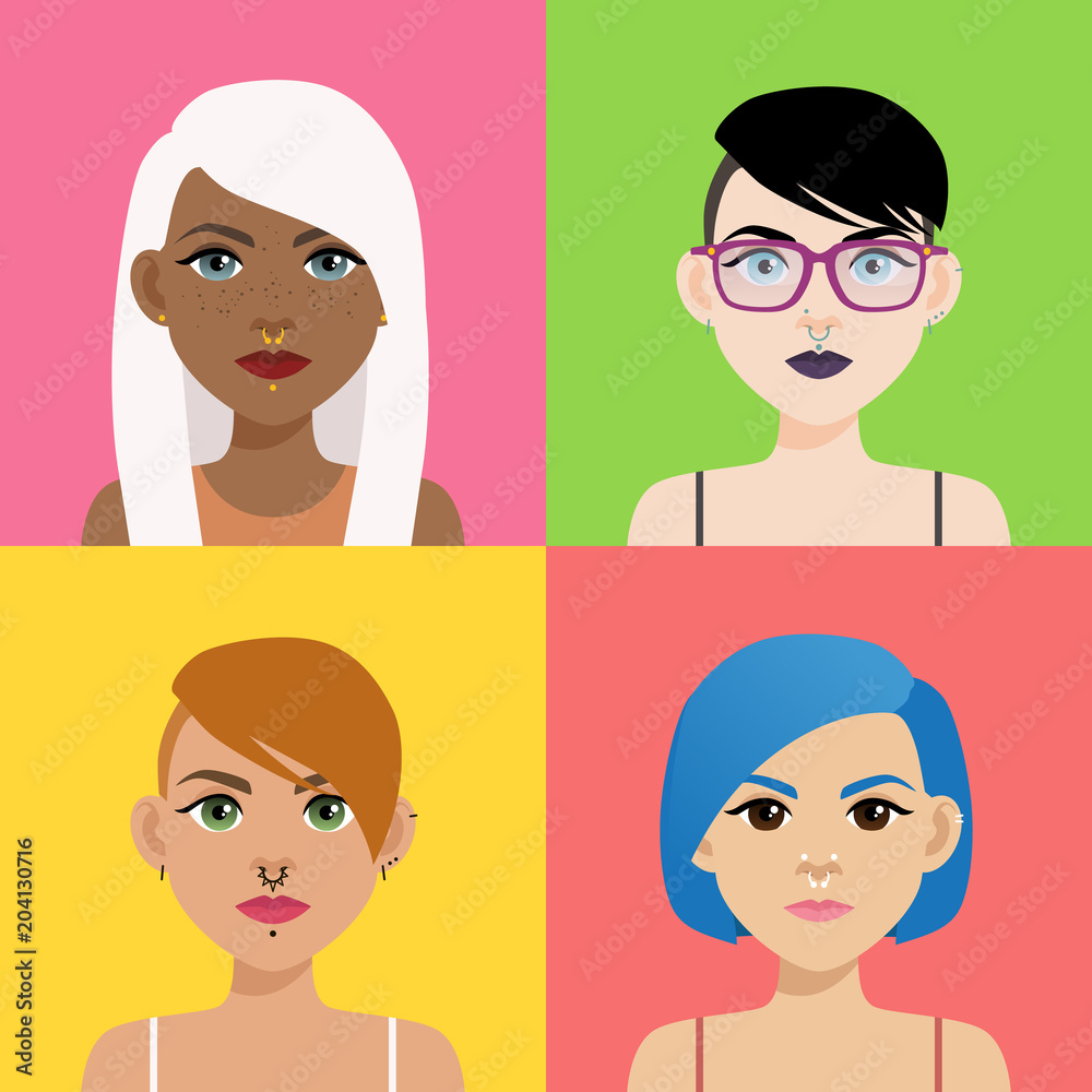 Set of multicultural girl portraits with piercing on colored backgrounds. Diverse women with different type of nose, lips, ear piercing, haircuts and hair color.