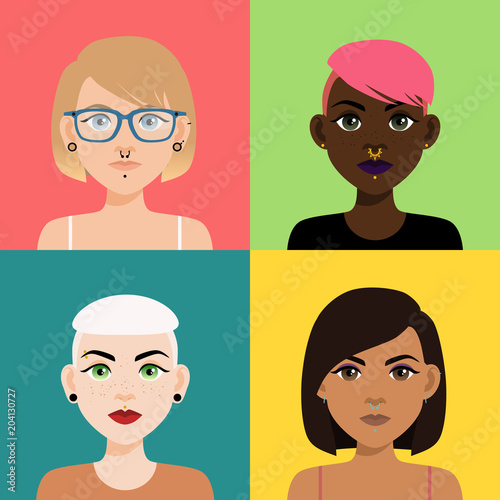 Set of multicultural girl portraits with piercing on colored backgrounds. Diverse women with different type of nose, lips, ear piercing, haircuts and hair color.